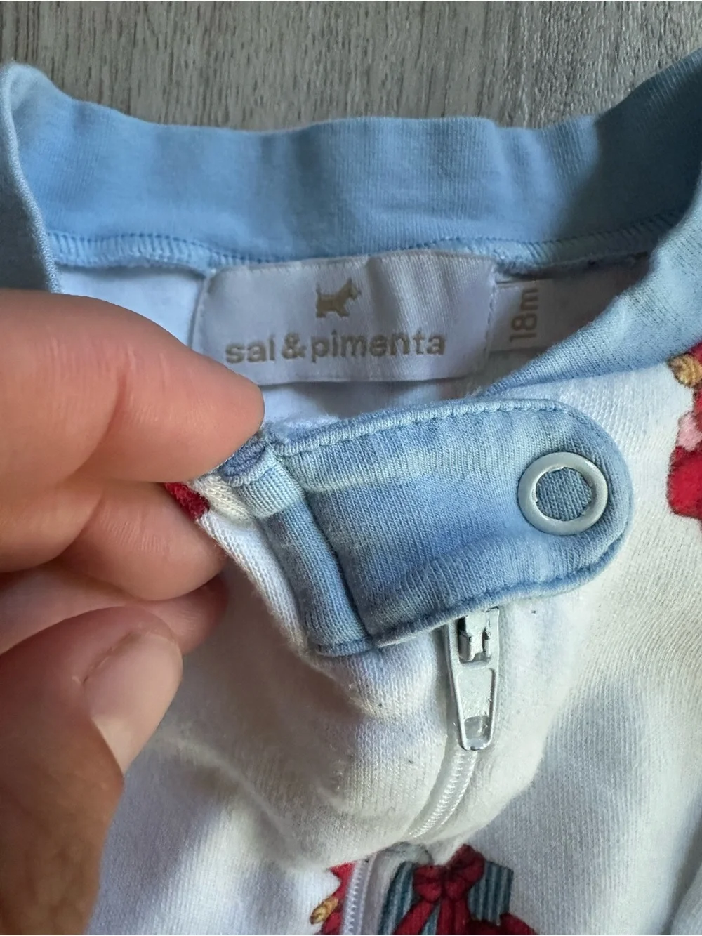 Sal + pimenta Santa Print One-Piece Pajamas with Light Blue Trim